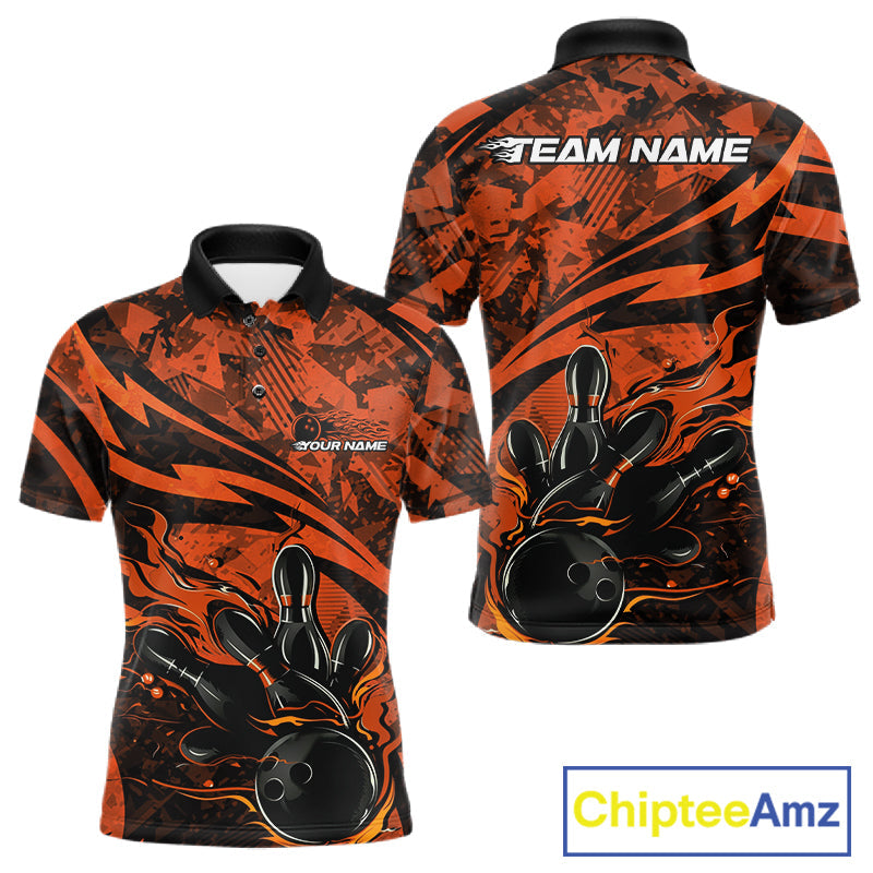 Custom Orange Camo Flame Bowling Men Polo Shirts, Camouflage Bowling Team Jerseys IPHW10347