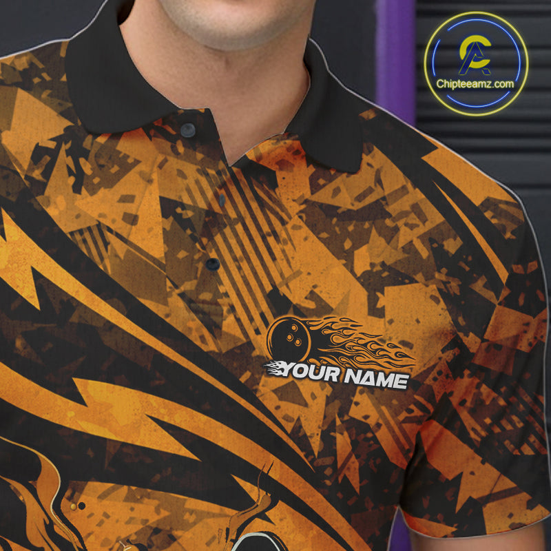 Custom Yellow Camo Flame Bowling Men Polo Shirts, Camouflage Bowling Team Jerseys IPHW10348