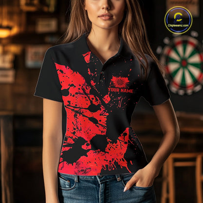 Custom Name Black And Red Splatter Darts Shirts For Women, Dart Team League Shirts IPHW10623