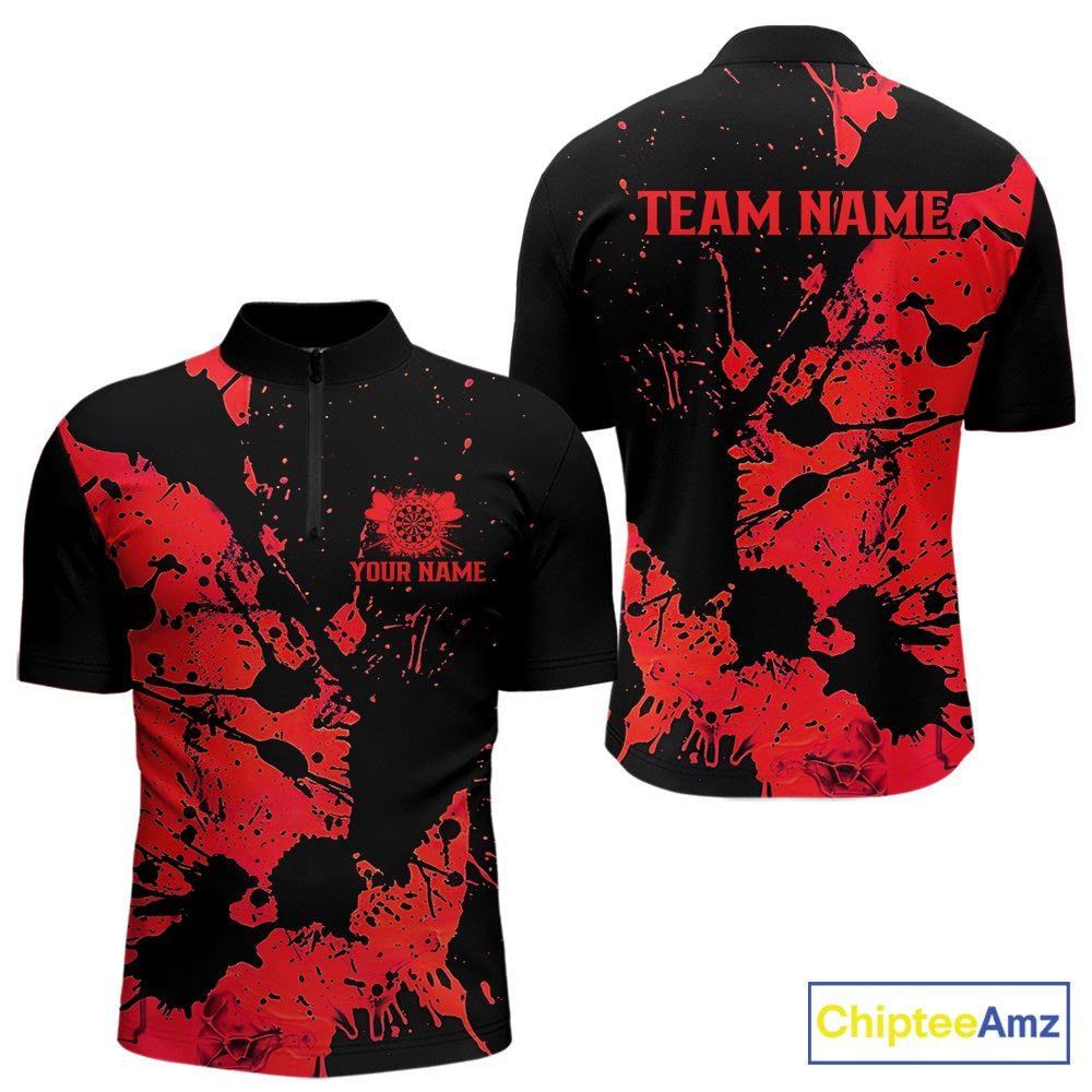 Custom Name Black And Red Splatter Darts Shirts For Men, Dart Team League Shirts IPHW10623