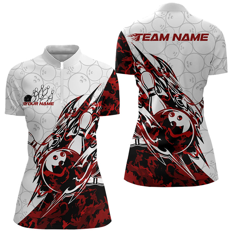 Custom Red Camouflage Bowling Women Quarter-Zip Shirts, Camo Bowling Team Uniform IPHW8771