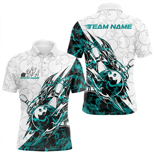 Custom Turquoise Blue Camouflage Bowling Polo Shirts For Men, Bowling Team Uniform Bowler Outfit IPHW8772