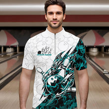 Load image into Gallery viewer, Custom Turquoise Blue Camouflage Bowling Men Quarter-Zip Shirts, Bowling Team Uniform Bowler Outfit IPHW8772