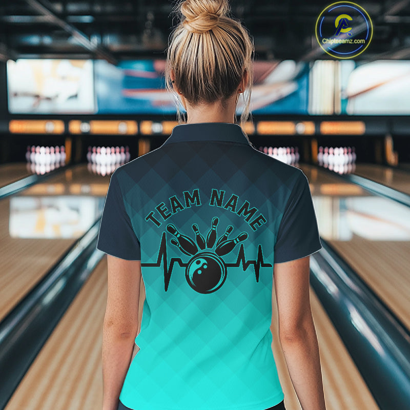 Bowling Heartbeat Pulse Line Blue Argyle Custom Bowling Team Shirts For Women IPHW6253