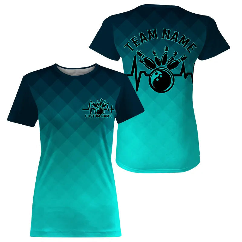 Bowling Heartbeat Pulse Line Blue Argyle Custom Bowling Team T-Shirts For Women IPHW6253