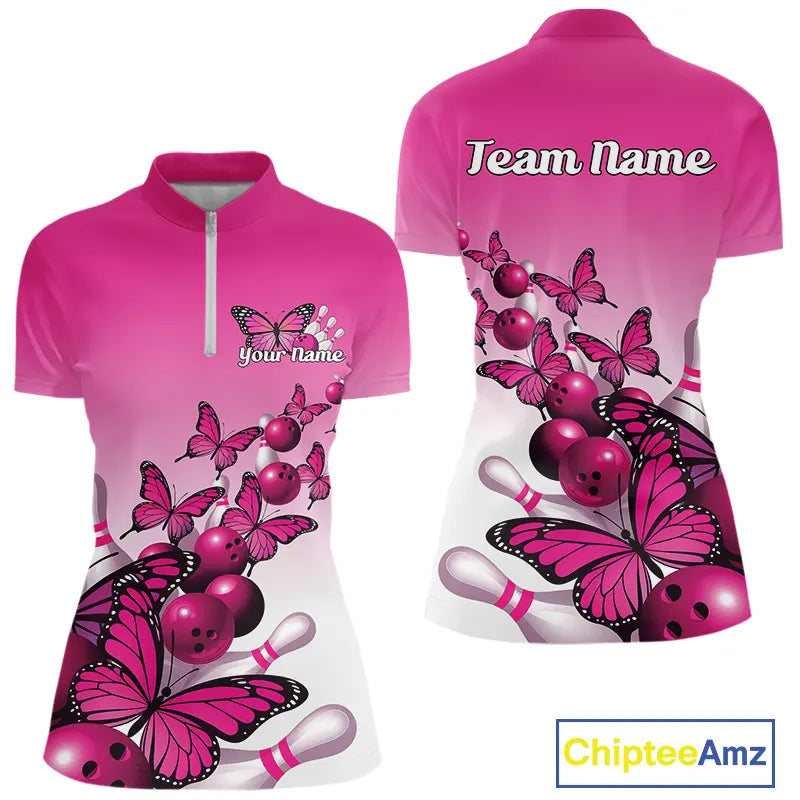 Custom Pink Gradient Butterfly Bowling Women Quarter-Zip Shirt Team, Bowling League Shirt IPHW9005