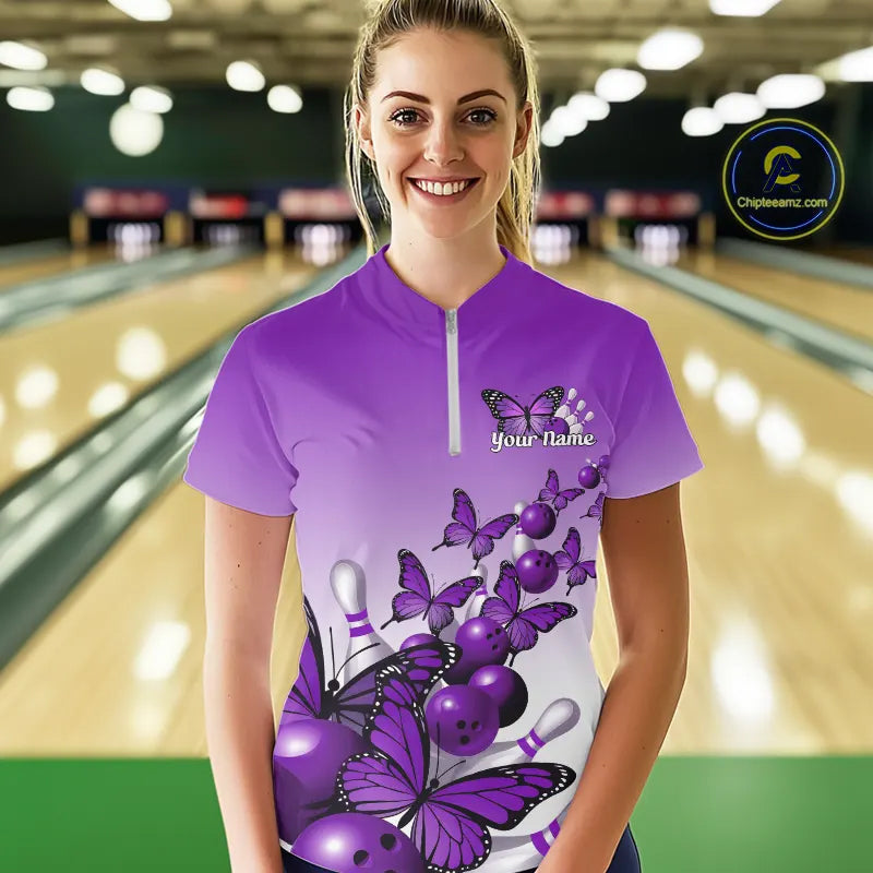 Custom Purple Gradient Butterfly Bowling Women Quarter-Zip Shirt, Bowling League Shirt IPHW9006