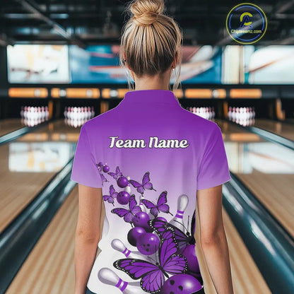 Custom Purple Gradient Butterfly Bowling Women Quarter-Zip Shirt, Bowling League Shirt IPHW9006