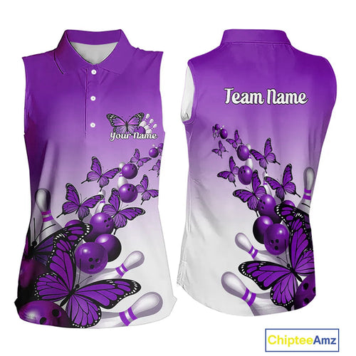 Custom Purple Gradient Butterfly Bowling Men Polo Shirts For Team, Bowling League Shirt IPHW9006