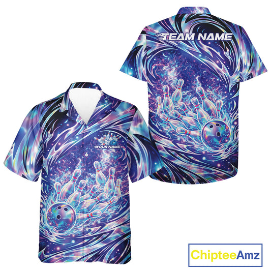 Front and back views of a button-up bowling shirt with galaxy-inspired bowling ball artwork striking pins.