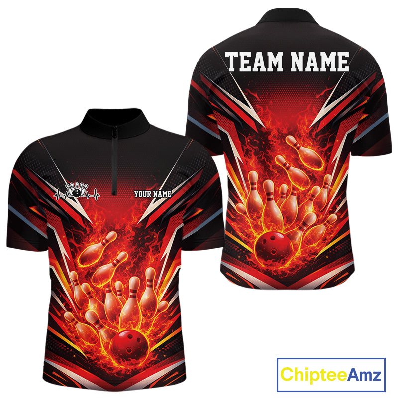 Front and back view men’s quarter-zip bowling shirt mockup featuring flaming bowling ball crashing into pins fiery style on white and turquoise blue fabric