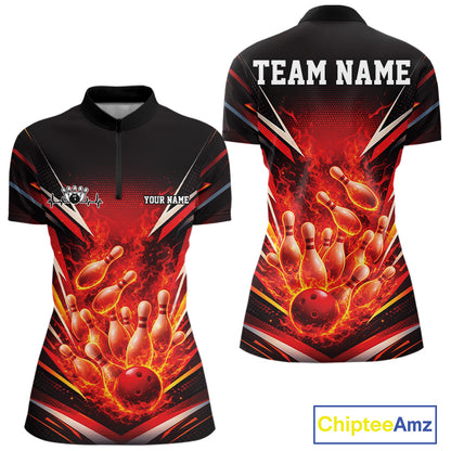 Front and back mockup of womens bowling quarter zip in black and red featuring flaming bowling ball crashing into pins with bold fiery sports artwork.