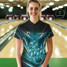 Load image into Gallery viewer, Custom Turquoise Blue Fire Flame Bowling Women Shirt, Bowling Team Tournament Outfit IPHW11134
