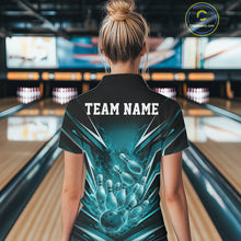 Load image into Gallery viewer, Custom Turquoise Blue Fire Flame Bowling Women Shirt, Bowling Team Tournament Outfit IPHW11134