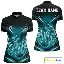 Load image into Gallery viewer, Custom Turquoise Blue Fire Flame Bowling Women Shirt, Bowling Team Tournament Outfit IPHW11134