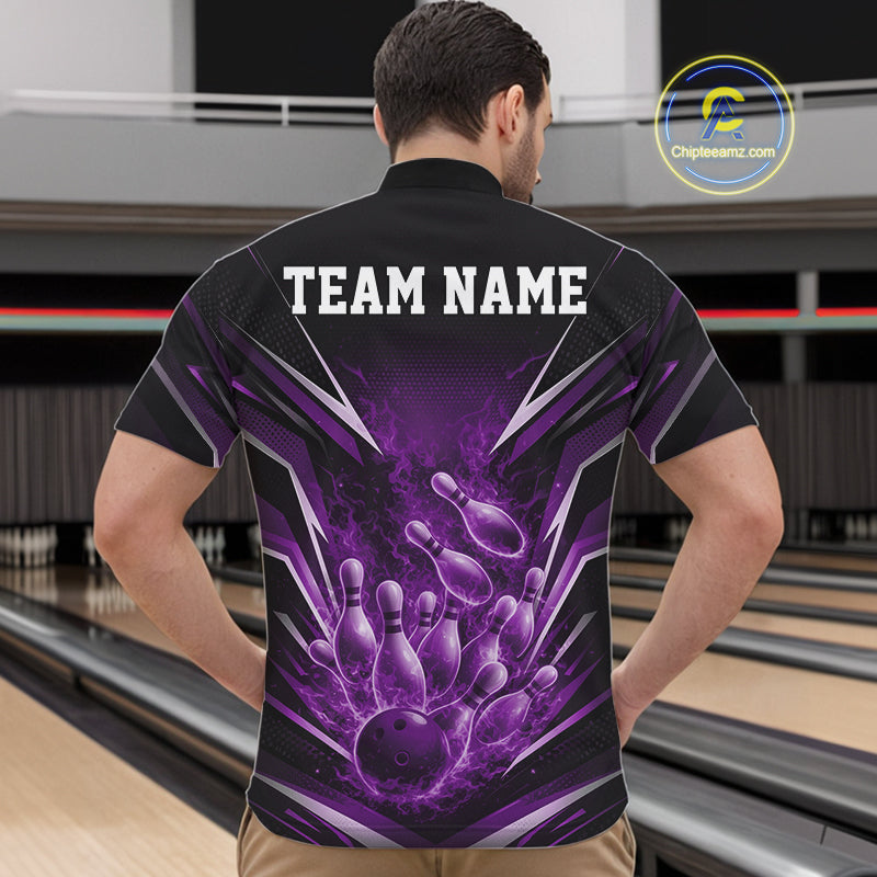 Front view male model in bowling lane wearing quarter-zip shirt featuring flaming bowling ball striking pins purple explosive bowling design