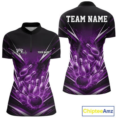 Front and back mockup of womens bowling quarter zip in black and purple showing flaming bowling ball striking pins with explosive fire burst dynamic sports artwork.