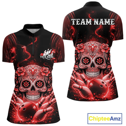 Front and back view of a black and red women’s bowling quarter-zip shirt featuring a floral sugar skull above a bowling ball and bowling pins in Day of the Dead style.