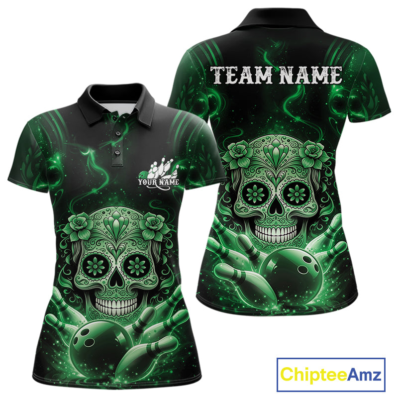 Front and back view of a black and green women’s bowling polo shirt showcasing a floral sugar skull above a bowling ball with Day of the Dead styling.