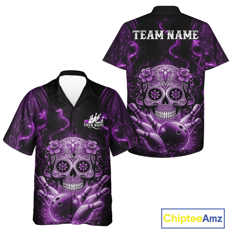 Front and back view of a black and purple button-up bowling shirt featuring floral sugar skull above a bowling ball and pins in Day of the Dead style.