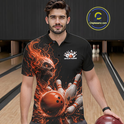 Front view of a male model in a bowling alley wearing a black bowling polo shirt featuring an orange fiery skull design with lightning striking a bowling ball and pins and a custom name.
