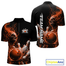 Load image into Gallery viewer, Front and back views of a black men's quarter zip bowling shirt mockup featuring an orange fiery skull with lightning striking a bowling ball and pins and a custom name.
