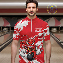 Load image into Gallery viewer, Front view of a male model in a bowling alley wearing a red custom quarter zip bowling shirt with an aggressive crawfish bowling design and a distressed background.