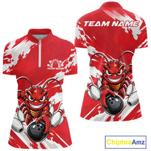 Load image into Gallery viewer, Front and back views of a red custom women's quarter zip bowling shirt featuring an aggressive crawfish bowling design with a distressed background.