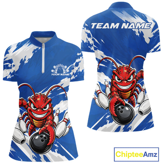 Front and back views of a blue custom women's quarter zip bowling shirt featuring an aggressive crawfish bowling design with a distressed background.