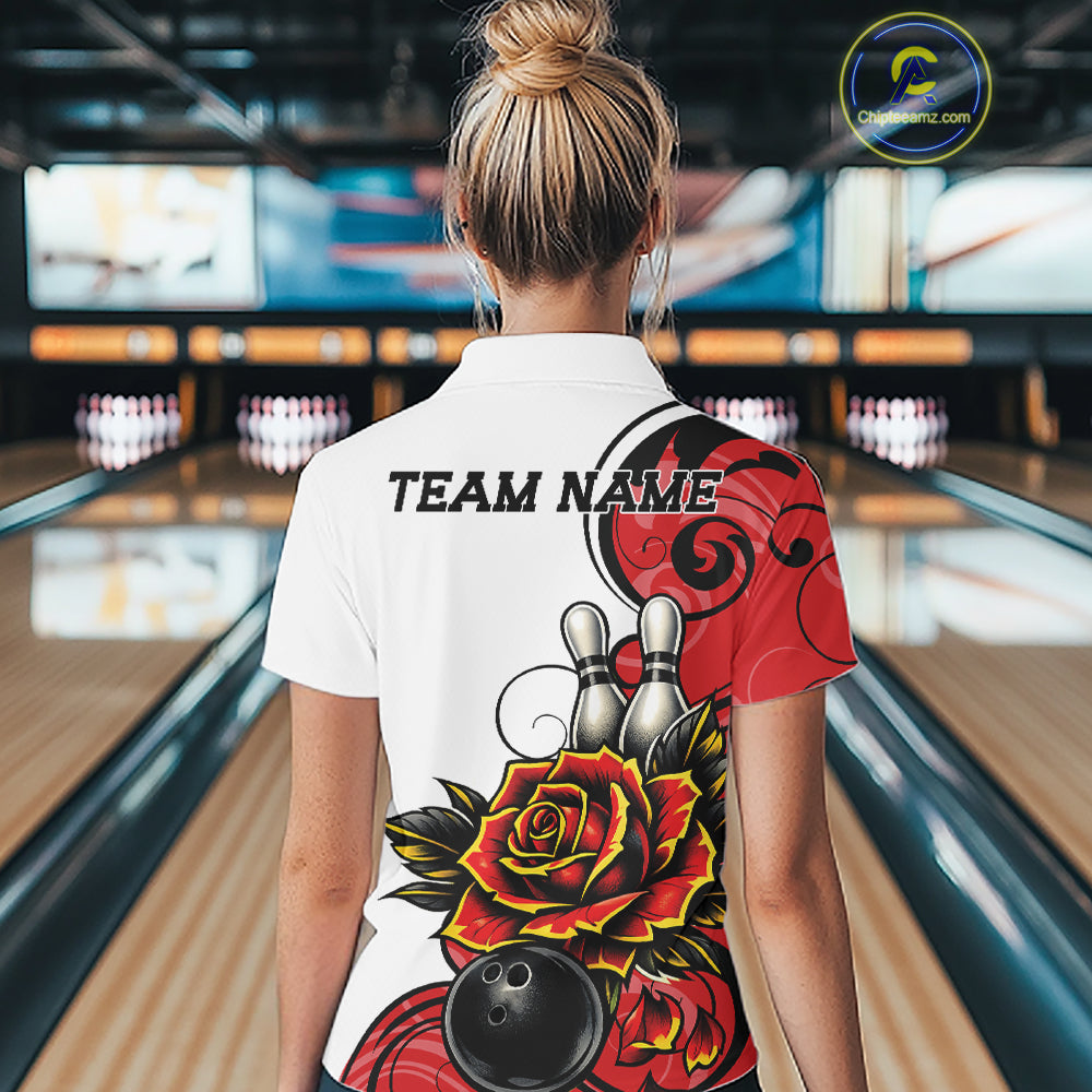 Custom Red Rose Bowling Women Quarter-Zip Shirt, Floral Bowling Team Shirt IPHW11690