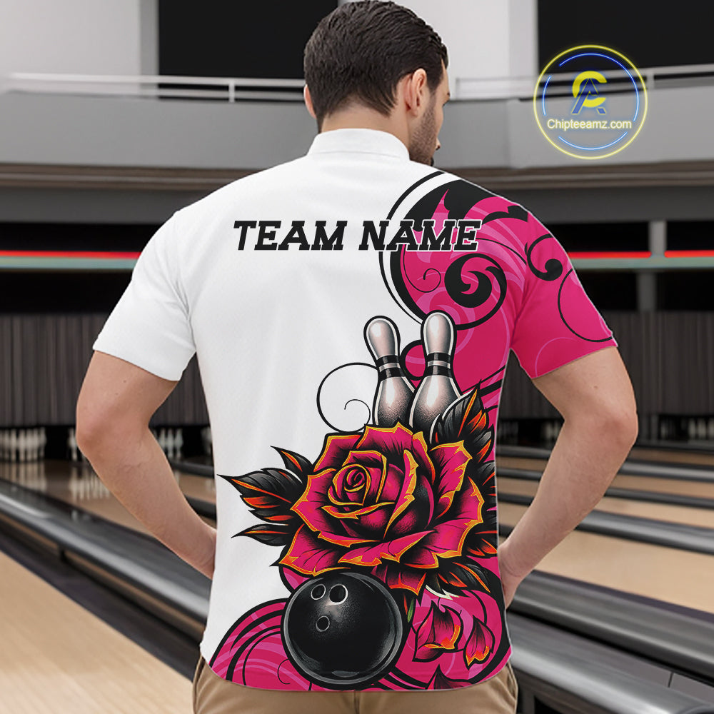 Custom Pink Rose Bowling Men Quarter Zip Shirt, Floral Bowling Team Shirt IPHW11691