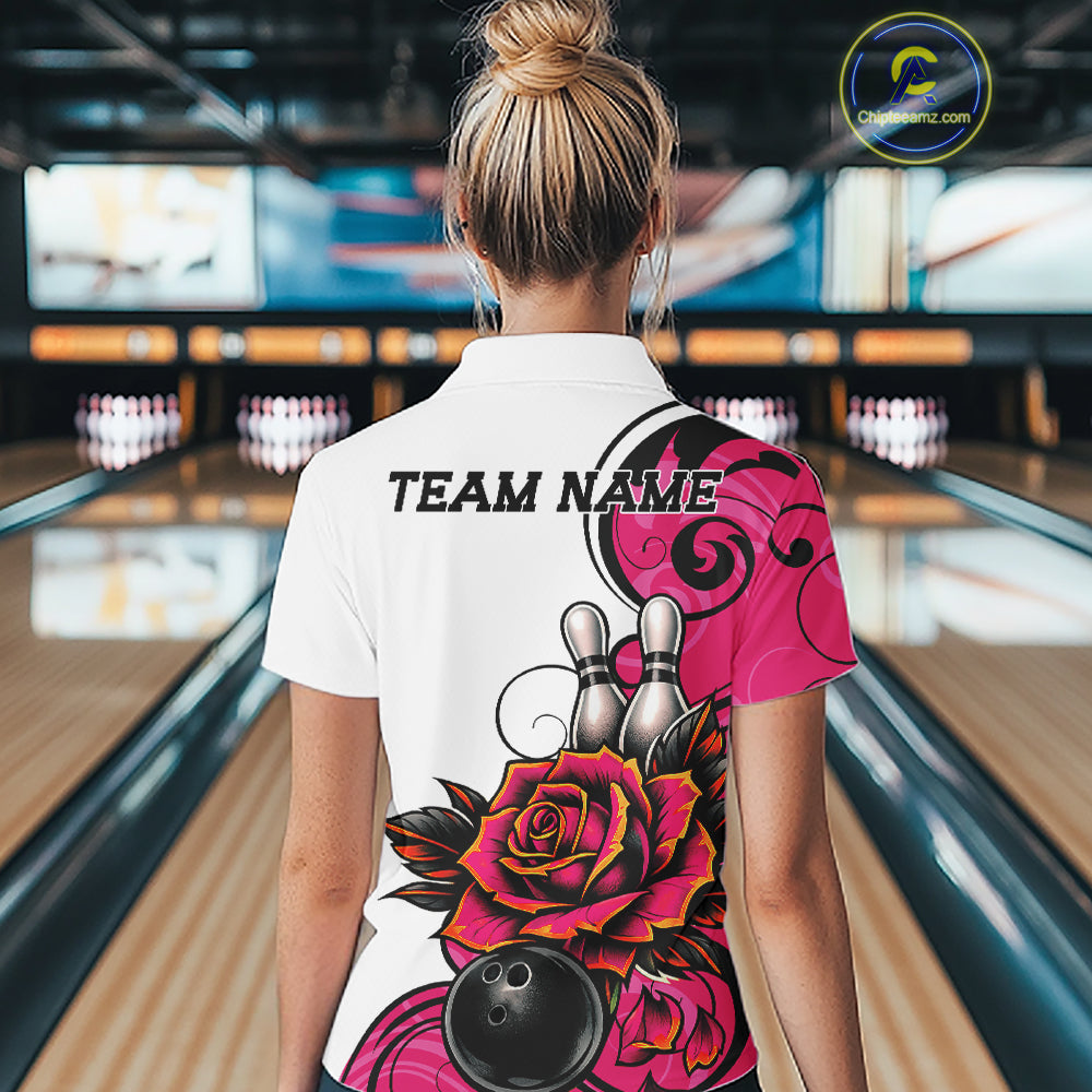 Custom Pink Rose Bowling Women Quarter-Zip Shirt, Floral Bowling Team Shirt IPHW11691