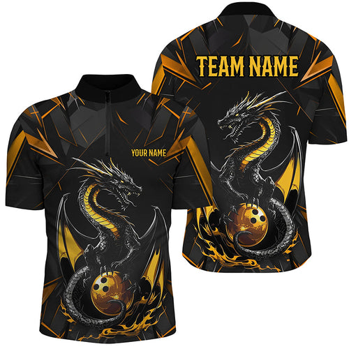 Custom Black And Gold Dragon Bowling Shirts For Men, Dragon Bowling Team Shirts Uniform IPHW7312