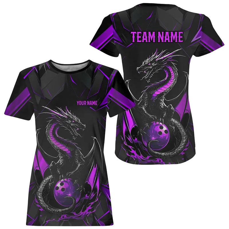Custom Black And Purple Dragon Bowling Women T-Shirts, Dragon Bowling Team Uniform IPHW7314