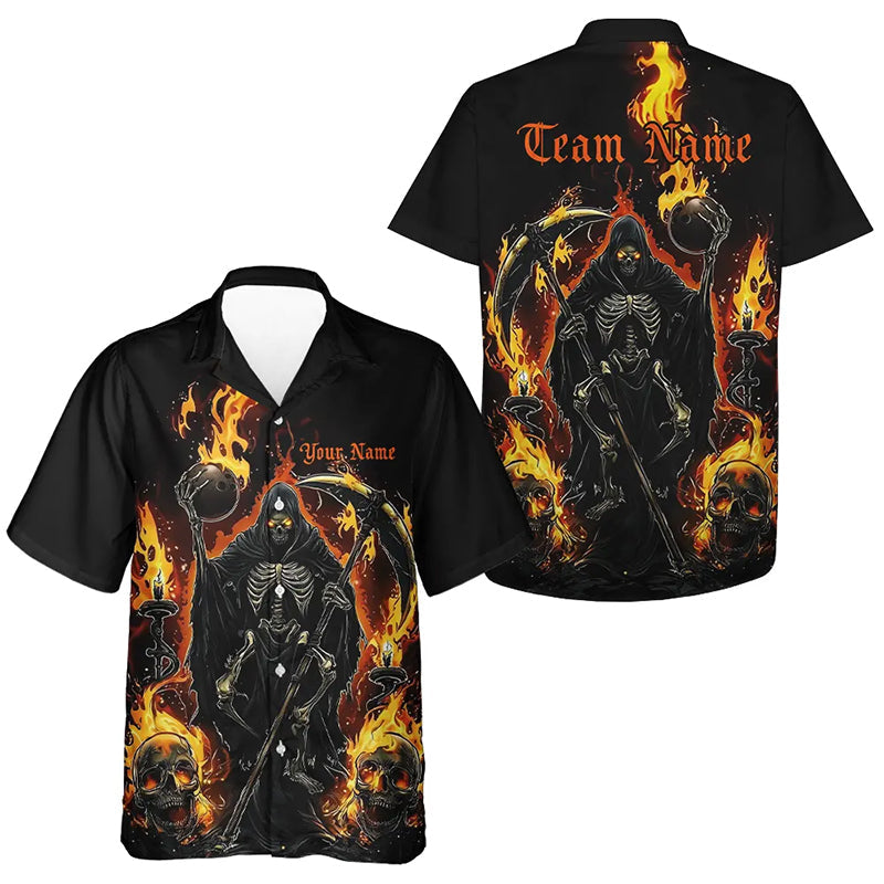 Grim Reaper Custom Flame Bowling Men And Women Hawaiian Shirt, Black And Fiery Halloween Bowling Outfit IPHW7631