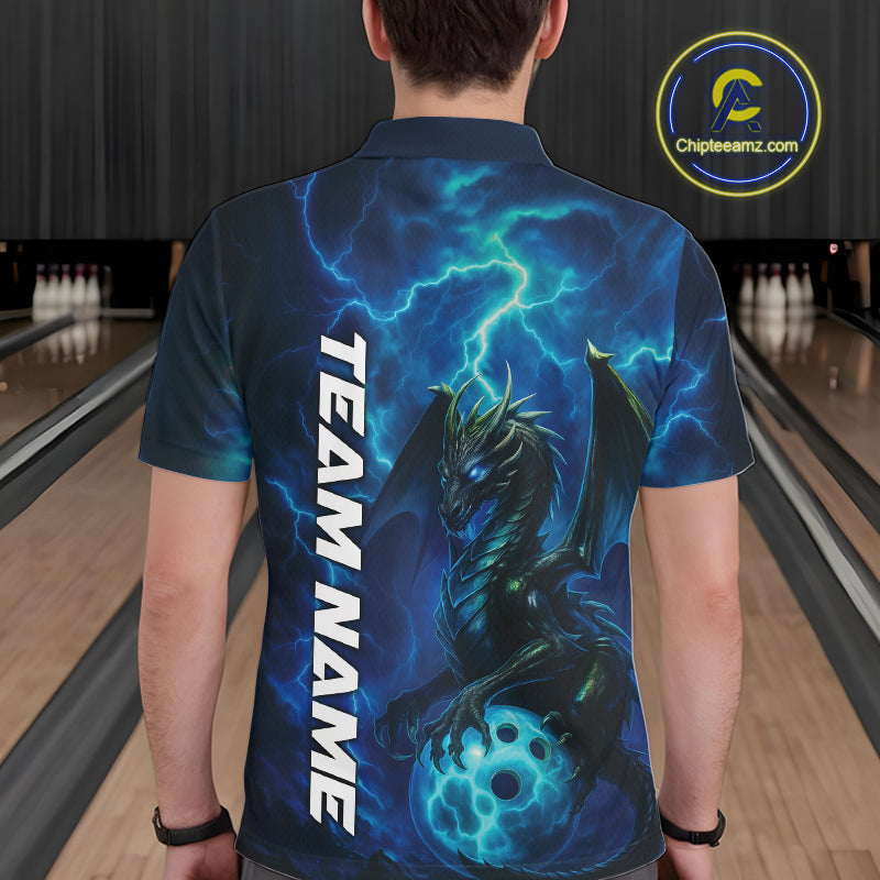 Custom Blue Thunder Lightning Bowling Team Men Polo Shirt, Dragon Bowling Jerseys IPHW10194