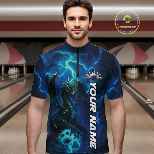 Custom Blue Thunder Lightning Bowling Team Men Quarter-Zip Shirt, Dragon Bowling Jerseys IPHW10194