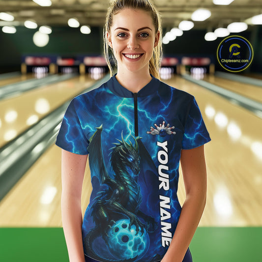 Custom Blue Thunder Lightning Bowling Team Women Shirt, Dragon Bowling Jerseys IPHW10194