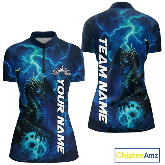 Custom Blue Thunder Lightning Bowling Team Women Shirt, Dragon Bowling Jerseys IPHW10194