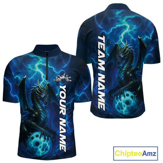 Custom Blue Thunder Lightning Bowling Team Men Quarter-Zip Shirt, Dragon Bowling Jerseys IPHW10194