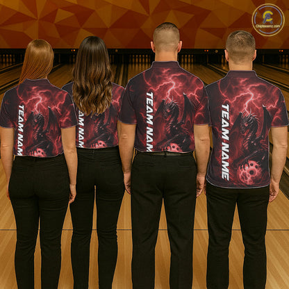 Custom Red Thunder Lightning Bowling Team Men Polo Shirt, Dragon Bowling Jerseys IPHW10195