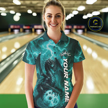 Load image into Gallery viewer, Custom Turquoise Blue Thunder Lightning Bowling Team Women Polo Shirt, Bowling Jerseys IPHW10196