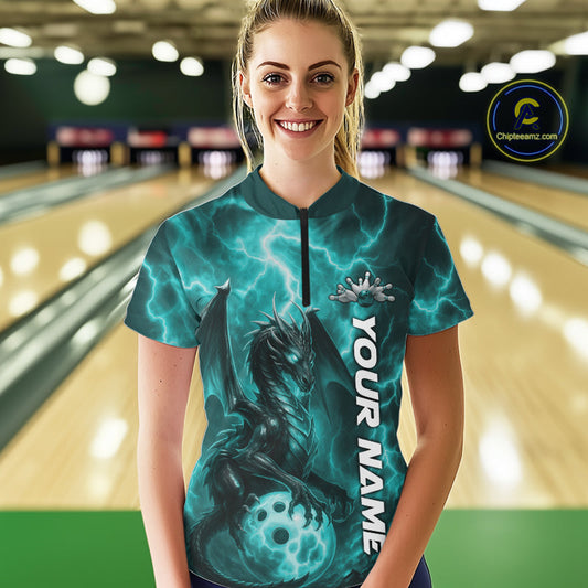 Custom Turquoise Blue Thunder Lightning Bowling Team Women Shirt, Bowling Jerseys IPHW10196