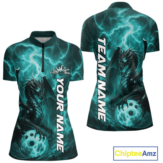Custom Turquoise Blue Thunder Lightning Bowling Team Women Shirt, Bowling Jerseys IPHW10196