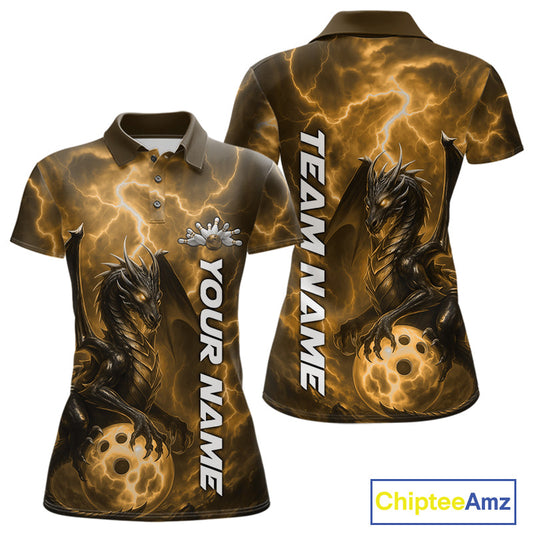 Custom Yellow Thunder Lightning Bowling Team Women Polo Shirt, Dragon Bowling Jerseys IPHW10198