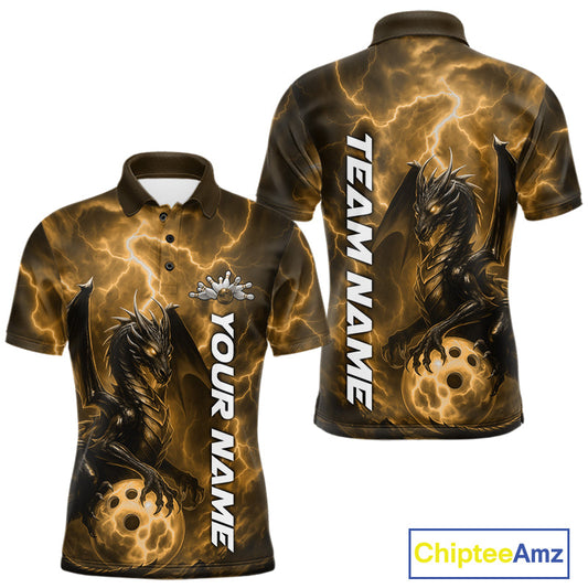Custom Yellow Thunder Lightning Bowling Team Men Polo Shirt, Dragon Bowling Jerseys IPHW10198