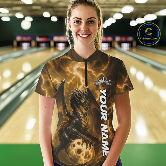 Custom Yellow Thunder Lightning Bowling Team Women Shirt, Dragon Bowling Jerseys IPHW10198