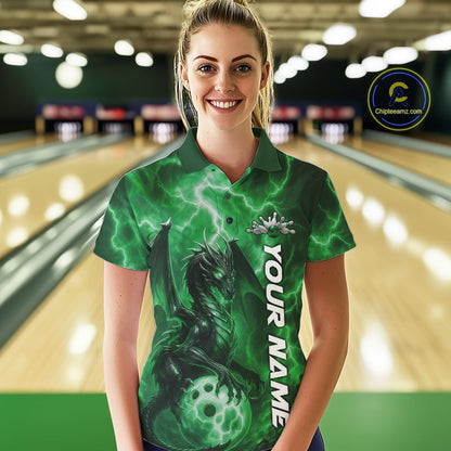 Custom Green Thunder Lightning Bowling Team Women Polo Shirt, Dragon Bowling Jerseys IPHW10199