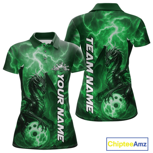 Custom Green Thunder Lightning Bowling Team Women Polo Shirt, Dragon Bowling Jerseys IPHW10199