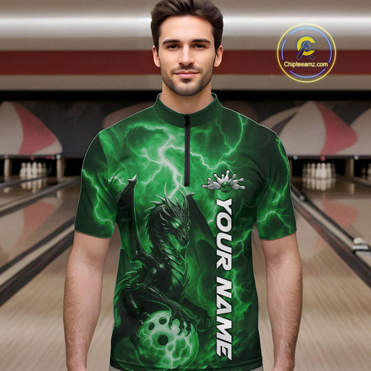 Custom Green Thunder Lightning Bowling Team Men Quarter-Zip Shirt, Dragon Bowling Jerseys IPHW10199